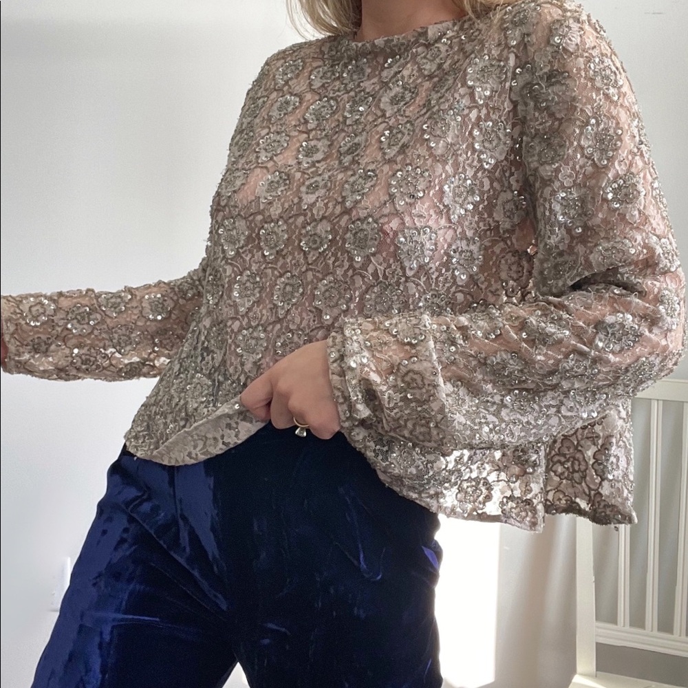 Vintage Lace Top Beaded Sequins Sequence Vintage Taupe Open Back Medium Holiday